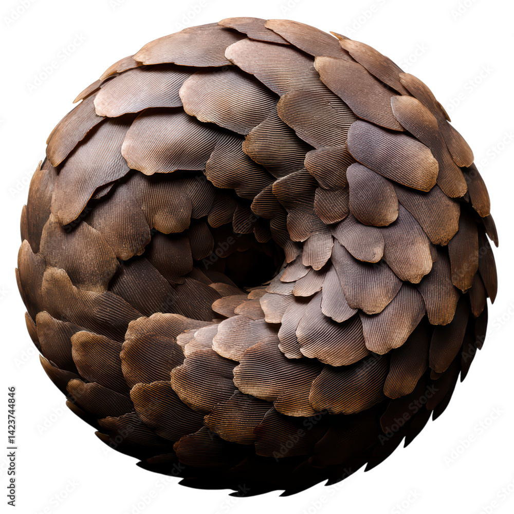 Poster intricate textured sphere of scales in a brown color palette, isolated on transparent background.