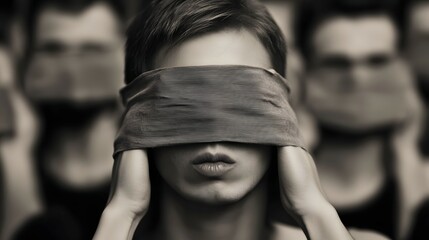 Blindfolded woman amidst a crowd, symbolizing ignorance.