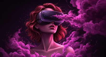 Woman wearing a VR gear, pink composition, fantasy, dense mist