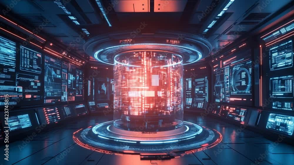 Poster futuristic server room with data center infrastructure and digital information flow