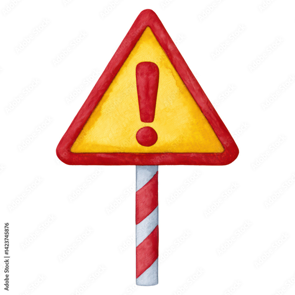 Poster yellow warning sign with exclamation mark on red triangle shape, isolated on transparent background.