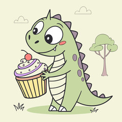 Cute Dinosaur Hugging a Cupcake – Adorable and Funny Vector Illustration for Kids and Sweet Lovers