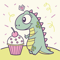 Cute Dinosaur Hugging a Cupcake – Adorable and Funny Vector Illustration for Kids and Sweet Lovers