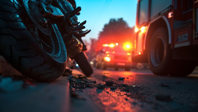 Motorcycle Accident Scene: Nighttime Emergency Response, Road Debris, Vehicle Damage, Urgent Help, Flashing Lights, Serious Injury