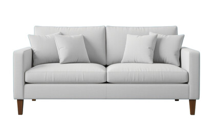 Obraz premium White Sofa with Pillows, Wooden Legs, Transparent Background. Modern Furniture.