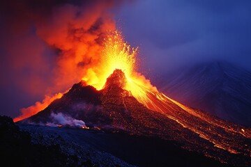 Closeup of erupting volcano with lava flow