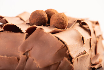 Chocolate cake, close-up of a chocolate cake decorated with curled chocolate shavings and dusted cocoa truffles on a silver tray over a rustic wooden surface, selective focus.