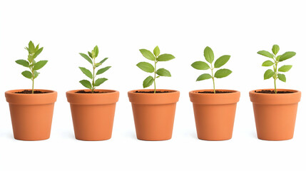 Fototapeta premium Five small plants in terracotta pots showing growth stages