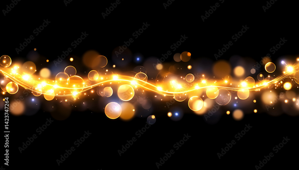 Poster golden light wave with bokeh effect on black background
