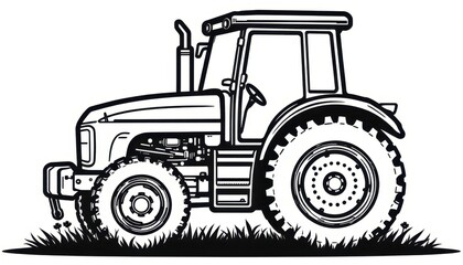 Obraz premium Tractor operating in agricultural field farm landscape black and white illustration outdoor side view farming concept