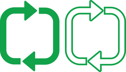 Green recycle flat, outline icons set. Arrows that revolve endlessly Reuse concept Recycled. Rounded angles. Ecology, Bio rotation arrows, leaf symbols illustration isolated on transparent background.
