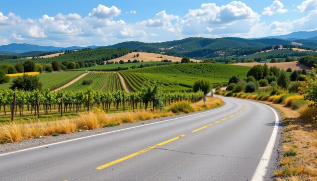 Fototapeta Scenic road trip through lush vineyards italian countryside landscape photography sunny day panoramic view