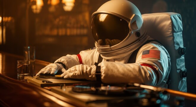 Astronaut in spacesuit djing in bar with whiskey glass - Powered by Adobe