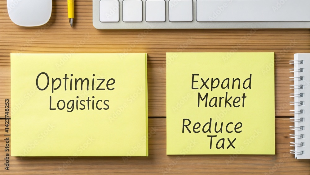 Aufkleber exports strategy aligned with trade agreements concept. sticky notes with business strategies on a d
