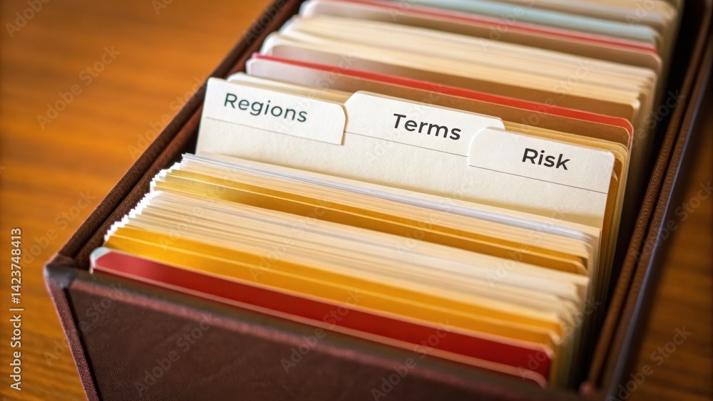 Poster exports strategy aligned with trade agreements concept. organized file box with labeled tabs for reg