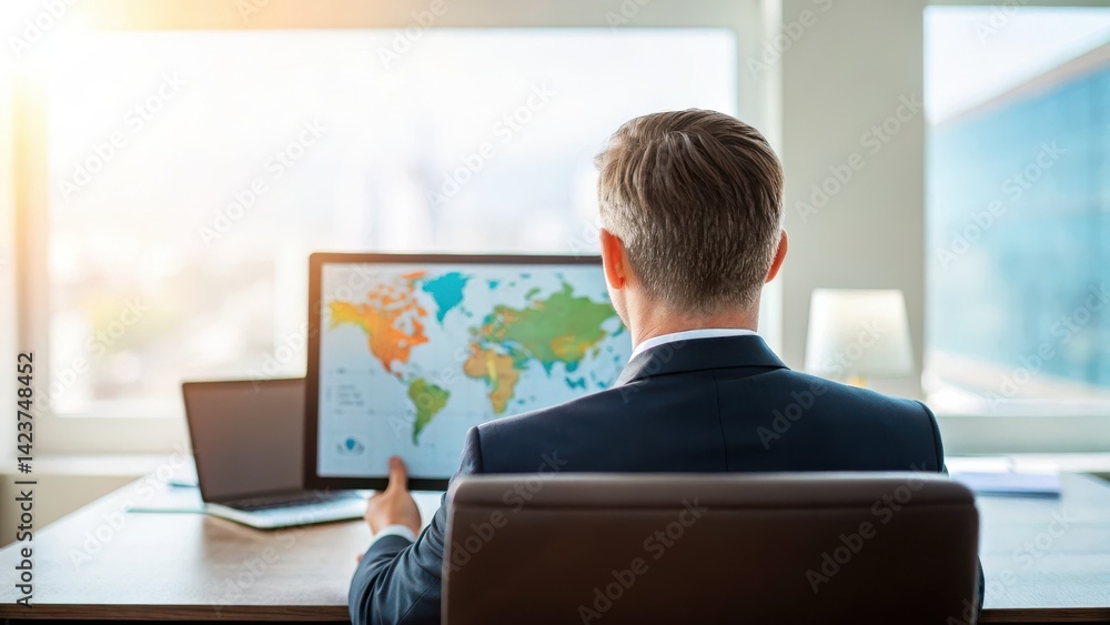 Poster exports strategy aligned with trade agreements concept. business professional analyzing a world map 