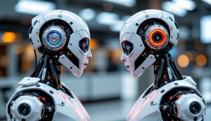 Fototapeta premium Robotic interaction event futuristic laboratory digital art high-tech environment close-up view ai conceptualization