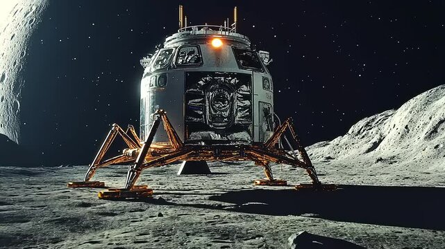Lunar lander on the moon's surface with stars in the background, showcasing exploration