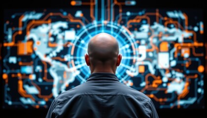 Analyzing data patterns cybersecurity lab digital display high-tech environment observer's perspective data visualization insights