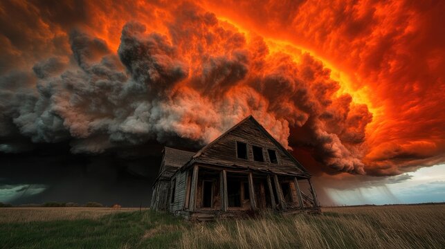 A dramatic image of storm clouds rolling over an abandoned farmhouse.