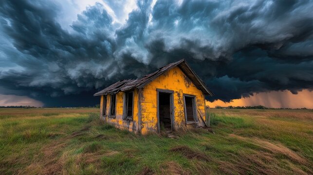 A dramatic image of storm clouds rolling over an abandoned farmhouse.