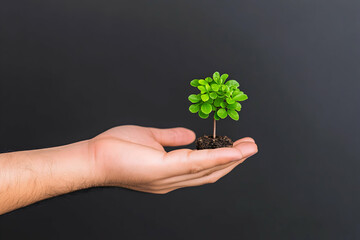 A hand gently cradles a small sapling in dark soil against a stark black backdrop