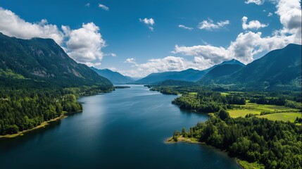 Naklejka premium Amazing lake view, surrounded by green hills and forests, blue sky and white clouds, perfect for tourist posters and outdoor activities such as hiking, fishing, camping.