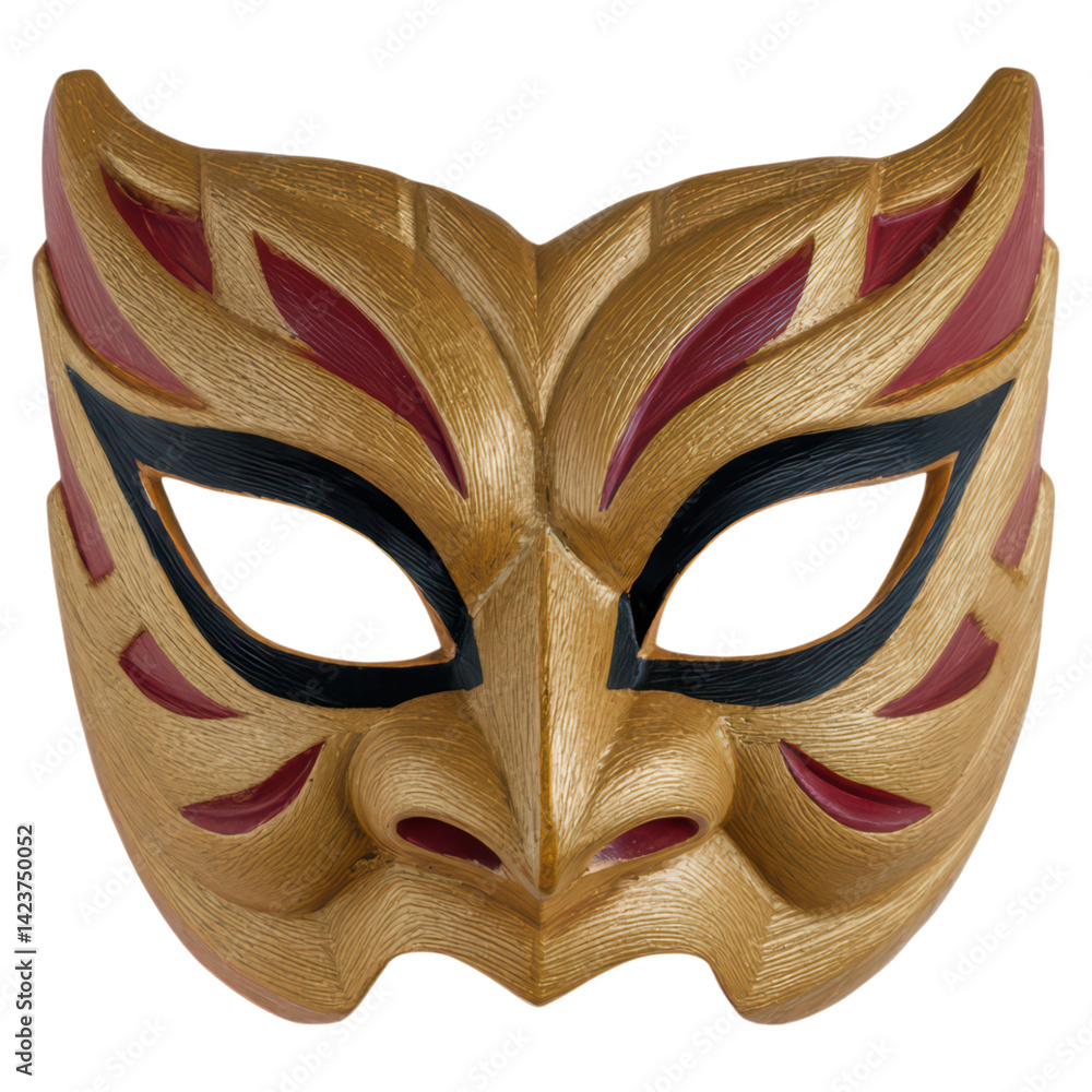 Poster intricate decorative mask with gold and red patterns for events, isolated on transparent background.