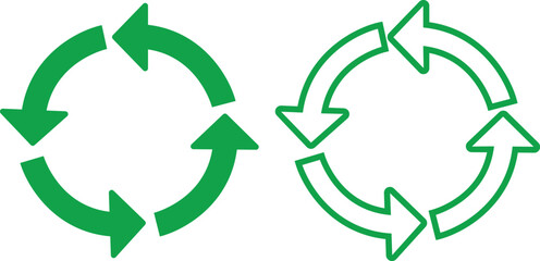 Green recycle flat, outline icons set. Arrows that revolve endlessly Reuse concept Recycled. Rounded angles. Ecology, Bio rotation arrows, leaf symbols illustration isolated on transparent background.