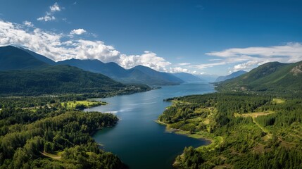 Obraz premium Amazing lake view, surrounded by green hills and forests, blue sky and white clouds, perfect for tourist posters and outdoor activities such as hiking, fishing, camping.