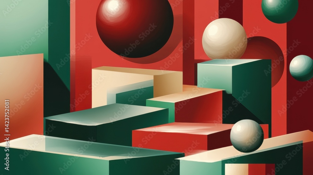 Poster illustration of colorful geometric shapes of smooth and shiny spheres on steps of square platforms a