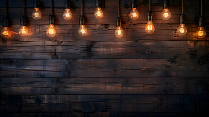 Warm ambiance created by hanging vintage Edison filament lightbulbs illuminating a rustic dark wood plank wall. Cozy background with retro lighting fixtures.
