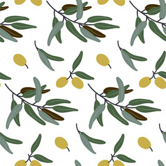 Seamless pattern of hand-drawn olive branches with green leaves and ripe yellow olives - ideal for food packaging, fabric, kitchen decor, organic branding, and Mediterranean product design.