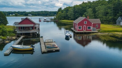 Naklejka premium Quaint river houses and vibrant boats create a peaceful coastal scene on a summer day