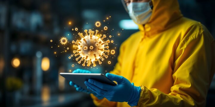 A person in a yellow protective suit and mask holds a tablet displaying a hologram of 3D coronavirus cells in a laboratory setting - Powered by Adobe
