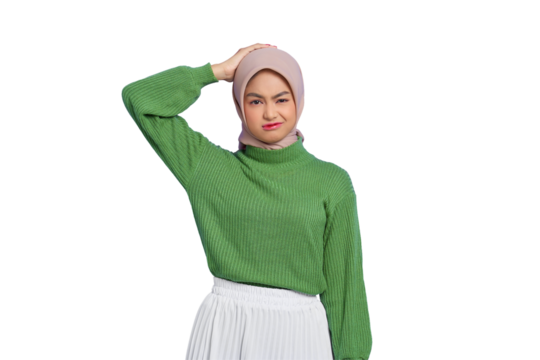 Beautiful young Asian woman in green sweater confused about a question, thinking with hand on head isolated on transparent background