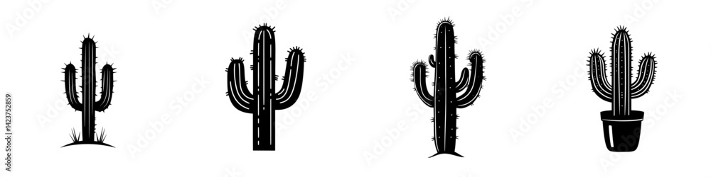 Poster icon set featuring various cactus designs with distinct shapes and styles ideal for decoration and b