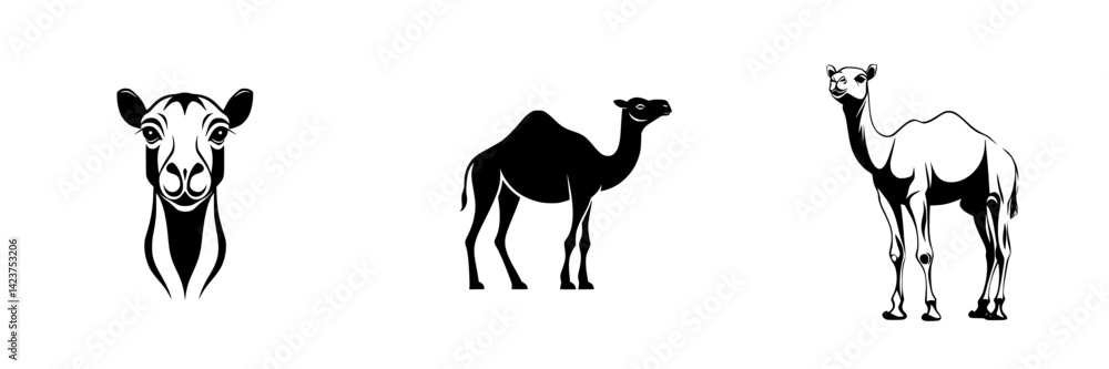 Poster icon set featuring three distinct camel illustrations in various styles and poses for creative desig