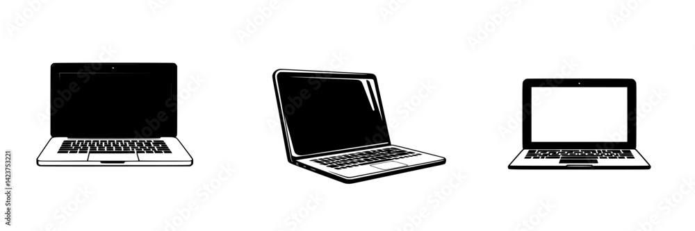 Poster set of three minimalist laptop icons designed for digital applications and user interfaces