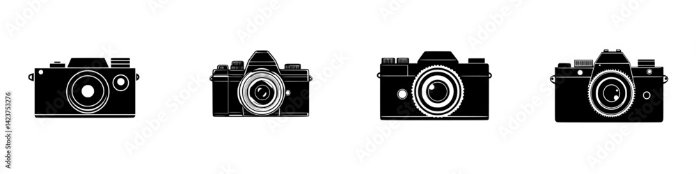 Poster icon set featuring various camera designs showcasing different styles and configurations for photogr
