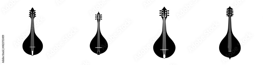 Poster icon set featuring various designs of string instruments in silhouette style