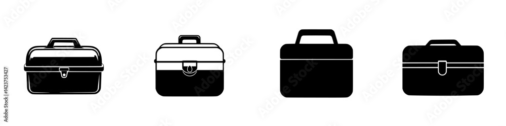 Poster icon set featuring various toolbox designs in black and white styles for creative projects and profe