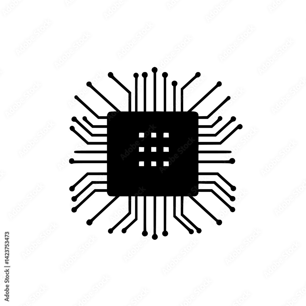 Poster icon set featuring a stylized black microchip design with connected circuitry, ideal for technology 