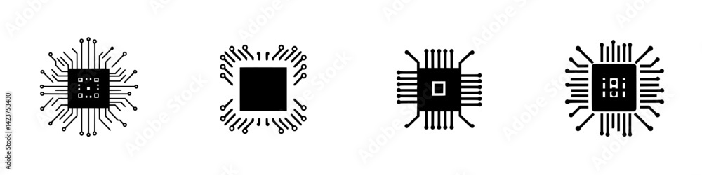 Aufkleber icon set featuring various black chip designs with circuit patterns for digital technology applicati