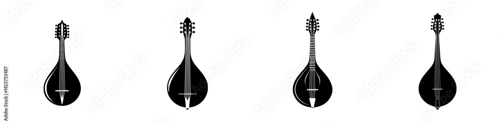 Poster unique icon set featuring various string instruments with distinct designs for musical applications
