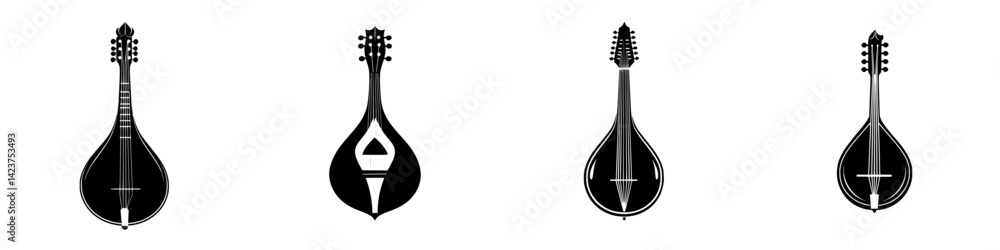 Poster icon set showcasing traditional string instruments with distinct designs and shapes reflected in sim