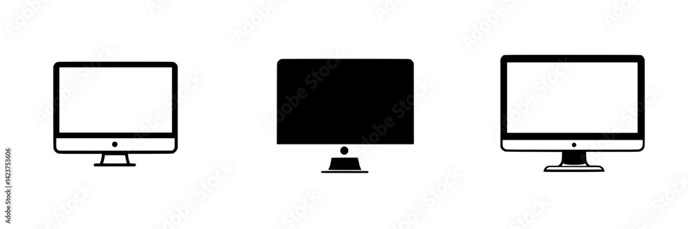 Poster icon set featuring three distinct computer monitor designs with varying details and shapes on a plai