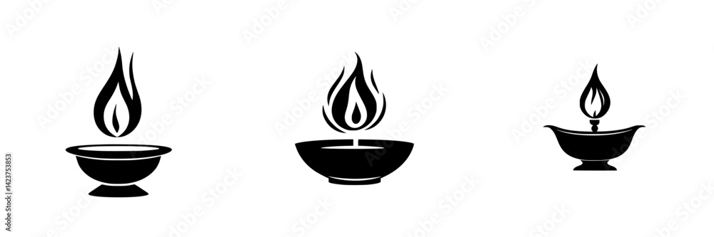 Poster set of decorative flame icons showcasing various styles of lamps for design and user interface appli