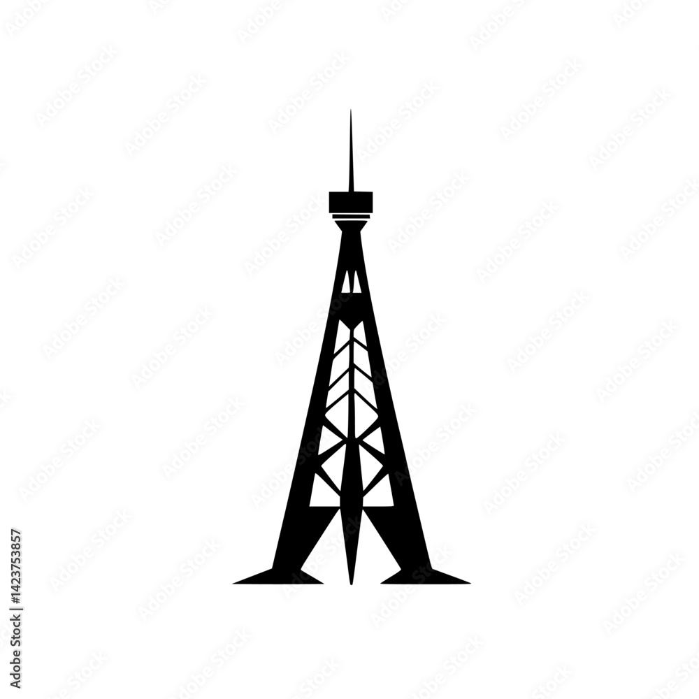 Poster icon set featuring a minimalist silhouette of a tower structure with antennas for modern design use