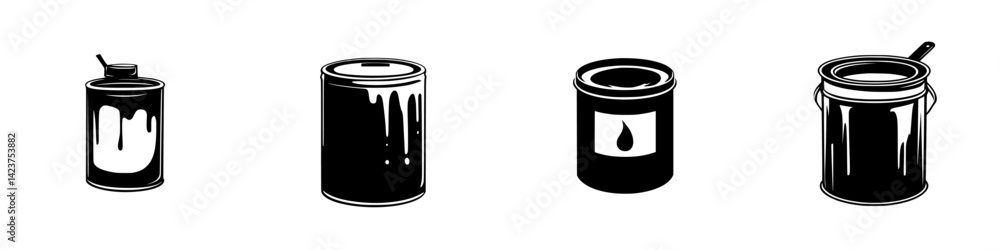 Aufkleber icon set featuring different containers for paint in black and white styles for versatile design use